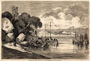 Barcadere de Macau, tegning af Grandsire for at illustrere rejsen til Kina og Japan, i 1857-1858, af M. de Moge. Indgravering i "" Le tour du monde, nouveau journal des voyages"" Paris