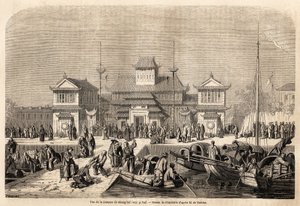 Shanghai Customs Building, tegning af Grandsire, for at illustrere rejsen til Kina og Japan, i 1857-1858, af Marquis de Moges. Indgravering i "" Le tour du monde, nouveau journal des voyages"" Paris