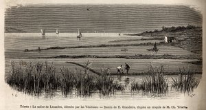 Saltvandet fra Lusandra, i nærheden af Trieste, ødelagt af venetianerne, der så det som en farlig rivalisering af det monopol, de udøvede i Adriaterhavet, gravering af E.Grandsire, der illustrerer rejsen til Istrien og Dalmatien i 1874 af Charles Yria