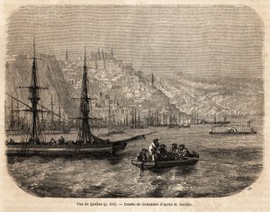 Udsigt over Quebec, tegning af Grandsire, for at illustrere rejserne til Nordamerika i 1854-1855, af L. Deville. Stik i “” Le tour du monde”” 1861. Selvas samling.
