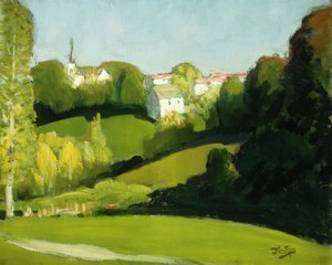 Landskab, Lys og Skygge; Paysage, Ombre et Lumiere, ca. 1920 (olie på lærred) af Pierre Eugene Montezin