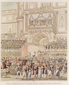Kejseren og kejserinden modtager de franske troppers hyldest fra Tuileriernes balkon i anledning af deres ægteskab, indgraveret af Charles Pierre Joseph Normand (1765-1840) (farve)