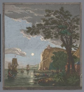 Udsigt over en kyst med skibe og både på vandet ved måneskin La pleine lune (titel på objekt) af Pierre François Basan