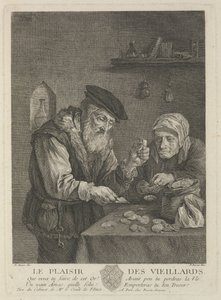 Fornøjelser af alderdom efter maleriet af David Teniers den yngre, midten af det 18. århundrede.
