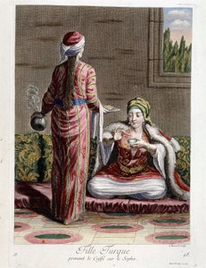 Tyrkisk pige, der tager kaffe på sophaen, "" Samling af 100 tryk, der repræsenterer forskellige nationer i Levanten i 1707 og 1708"" efter ordre fra M. de Frriol, kongens ambassadør ved Porte og opdateret i 1712-13 af omsorgen af M. Le Hay, Basan engra