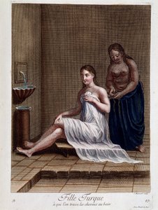 Tyrkisk pige, til hvem håret flettes i badet - i "" Samling af 100 tryk, der repræsenterer forskellige nationer i Levanten i 1707 og 1708" efter ordre fra M. de Frriol, kongens ambassadør ved Porte og opdateret i 1712-13 under pleje af M. Le Hay,