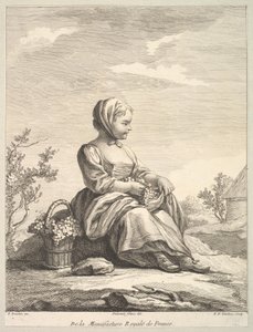 Lille pige, der holder druer med en kurv med dem ved sin side, fra Deuxième Livre de..., efter 1757.