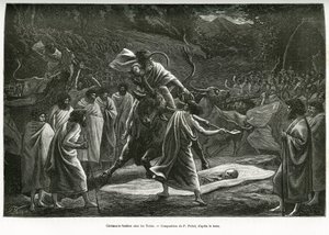 En begravelsesceremoni for Todas, et lille pastoralt samfund på Nilgiri-plateauet (Sydindien), under begravelsen ofres kvæg. Gravering af P. Fritel, til illustration af souvenirs fra en rejse til Nilgherries, af Madame Janssen, i 1.