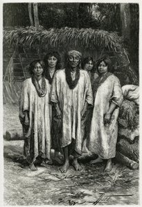 Chief Lacandon og Lacandon typer, mayafolk, der bor i junglen i Chiapas (Mexico). Gravering af P. Fritel, for at illustrere historien "" Rejsen til Yucatan og Lacandons land "", i 1882, af Desire Charnay (1828-1915) arkæolog og fotograf