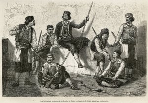 Krivoscians, bjergbestigere i Bouches de Cattaro (eller Kotor, bugten på Montenegros vestlige kyst), våben til at modstå de østrigske troppers magtangreb. Stik efter P.Fritels tegning, til illustration af rejsen til Dalmatien, af C