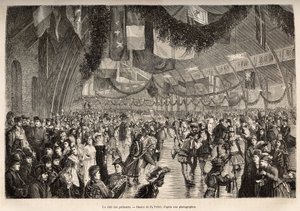 Montreal Skaters Club, på et møde for en kostume -skøjteløb, indgraveret efter en tegning af P.Fritel, der illustrerer udflugten til Canada og Riviere Rouge du Nord, af H. de LaMotte, i 1873, udgivet i “Le Tour du Monde ”” 1875, redigeret af Edo af Pierre Fritel
