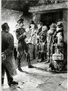En tysk officer beder Boulle de talg til gengæld for frihed for alle de passagerer, der er blevet arresteret i diligencen. I "" Ball of tallow"" af Guy de Maupassant (1850-1893). Illustration af P. G. Jeanniot (1848-1934). Udgivet på Ollendorff i af Pierre Georges Jeanniot