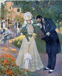 Belle epoque: "Håndsex": en mand, der hilser på en kvinde ved en reception. Illustration af Jeanniot for "" Le Figaro illustrious"" Begyndelsen af det 20. århundrede Paris, dekorativ kunst