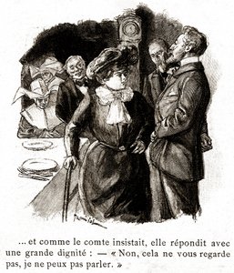 "Boule de Suif": Elisabeth Rousset nægter at svare greven, begyndelsen af det 20. århundrede (illustration) af Pierre Georges Jeanniot