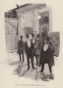Foran Theatre des Varietes, mellem akterne (gravering) af Pierre Georges Jeanniot