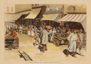 Marchandes de quatre saisons på Rue du Faubourg Saint-Denis, Paris (farvelitografi) af Pierre Georges Jeanniot
