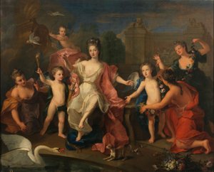 På spansk:  María Adelaida de Saboya, duquesa de Borgoña con sus hijos Hertuginden af Burgund med sine to sønner, hertugerne af Bretagne og Anjou (den kommende Ludvig XV) af Pierre Gobert