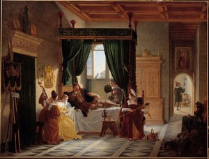Genopretningen af Bayard Ridderen Pierre Terrail, herre af Bayard (1476-1524) i covalescens efter belejringen af Brescia. Maleri af Pierre Henri Revoil (1776-1842) 1800-tallet søn. 1,35 X 1,77 m