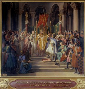 Tredje korstog: "" Kong Philip Augustus (1165-1223) tager oriflamen Saint-Denis og modtager humlebien og pelerinens pannetiere fra hænderne på sin onkel William Archeveque af Reims og legat af pave Clemens III, før hans afgang for t
