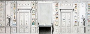 Design til en salon (kridt, blæk, akvarel og kropsfarve på papir)