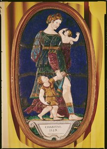 Plakett forestillende Charity, Limousin, 1559 (malet emalje) af Pierre I Courteys
