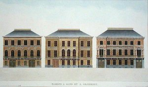 Huse i Gent og Grammont, Belgien, fra "Choix des Monuments, Edifices et Maisons les plus remarquables du Royaume des Pays-Bas" af Pierre Jacques Goetghebuer, udgivet i 1827 (akvaratint)