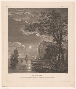 Nattelandskab med skibe på kysten La Pleine Lune. (titel på objekt) af Pierre Jacques Duret