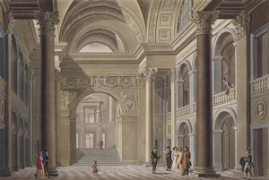 Vestibule for det akademiske palads i Gent, fra udvalg af de mest bemærkelsesværdige monumenter, bygninger og huse i Kongeriget Nederlandene af Pierre Jacques Goetghebuer, indgraveret L. Roelandt, udgivet af Pierre Jacques Goetghebuer