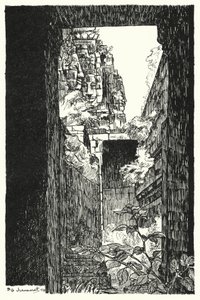 I Bayon, glimt gennem et faldet tag (gravering)