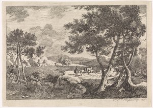 Landskab med træer i forgrunden af Pierre Joseph Jacques Tiberghien