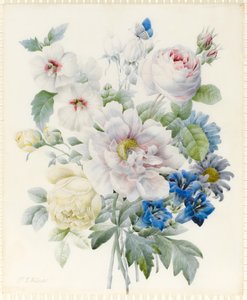 Et bundt blomster inklusive en pæon, roser, hibiskus, asters, ensian og en imaginær blå sommerfugl (grafit og wc med spor af gummi arabisk over grafit på vellum)