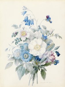 Blå asters, rosa spinosissima (hybrid), harepels, violer, nellike og en vild rose af Pierre Joseph Redouté