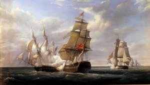 Slaget ved den franske fregat La Canonniere”” mod det engelske skib “” Le Tremendous”” le 21/04/1806”” Maleri af Pierre Gilbert (1783-1860) 1832 Søn. 0,93x1,71 m