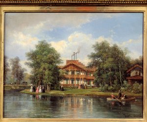 Hytten med den gule dør, restaurant ved Bois de Vincennes. Maleri af Justin Ovrie (1806 - 1879)