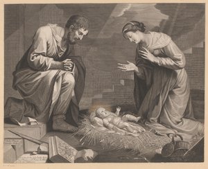 Maria og Josef i tilbedelse af Kristusbarnet af Pierre Landry