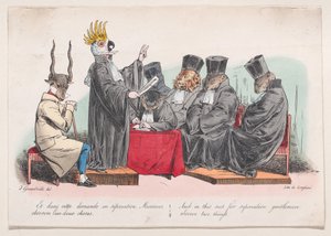 Og i denne dragt til adskillelse, mine herrer, observer to ting fra Metamorphoses of the D..., 1829. af Pierre Langlumé