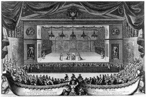Tredje dag: Le Malade imaginaire (af Molière), komedie repræsenteret i Versailles have foran grotten i 1676, gravering af Pierre Lepautre (1660-1744)