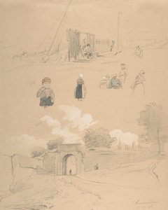 Studieark med figurer og landskaber ved Arnemuiden ved Middelburg..., midten af 1800-tallet.