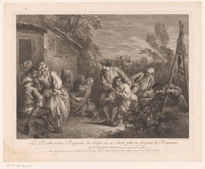 Ragotin bevlucht i en lyserød Skæbnen trækker Ragotin fra rosenbusken, som han havde kastet sig ind i, mens han flygtede fra La Rancune, som han troede var død. Scener fra Roman Comique van Scarron (serietitel) af Pierre Louis Surugue