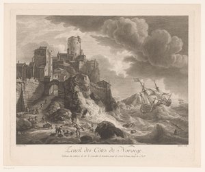 Norges kyst med skyllede sømænd Ecueil des Côtes de Norway (titel på objekt) af Pierre Maloeuvre