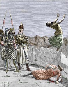 Ismaili-sekten i øst eller mordere grundlagt af Hassan ibn al-Sabbah (1036-1124), kendt som bjergets gamle mand,” rep beordrede to af sine fanatiske tilhængere til at dræbe sig selv, Alamut, Persien, omkring 1096” (Nizari Ismailisme: repræsentation af Hass