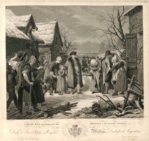 Ludvig XVI uddelte almisser til de fattige bønder i vinteren 1788, ca. 1817. af Pierre Michel Adam