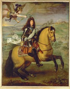 Ludvig XIV til hest, kronet af sejr ... (maleri på lærred) af Pierre Mignard