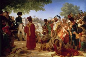 Fransk:  Bonaparte fait grace aux revolutes du Caire 23. Oktober 1798 Napoleon Bonaparte benåder oprørerne i Cairo, 23. oktober 1798 af Pierre Narcisse Guerin