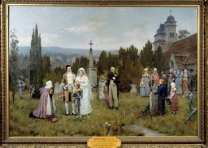 Piete datterselskab Wedding Scene, de unge brude samles på graven af den afdøde far til en af de unge brude. Maleri af Pierre Otin (1840-1899) 1800-tallet. Fecamp, museumscenter for kunst af Pierre Outin