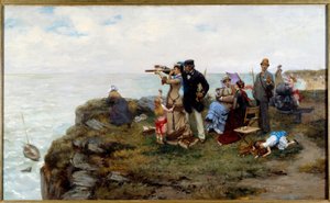 Etretats klipper Turister går på klipperne. Maleri af Pierre Otin (1840-1899) 1878 Privat Samling af Pierre Outin