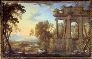 Landskab med ruiner og præster Maleri af Pierre Patel the Pere (1605-1676) 1600-tallet søn. 0,53x0,83 m