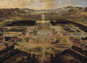 Perspektiv udsigt over slottet, haven og parken i Versailles set fra Avenue de Paris