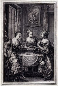 La Gageure des trois commeres - i "" Fortællinger og noveller på vers"" af Jean La Fontaine. 1776. Illustration af P.P. Choffard. af Pierre Philippe Choffard