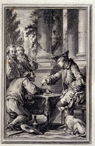 Fortælling om en bonde, der havde fornærmet sin Herre - i "Fortællinger og nyheder på vers" af Jean La Fontaine. 1776. Illustration af P.P. Choffard. af Pierre Philippe Choffard